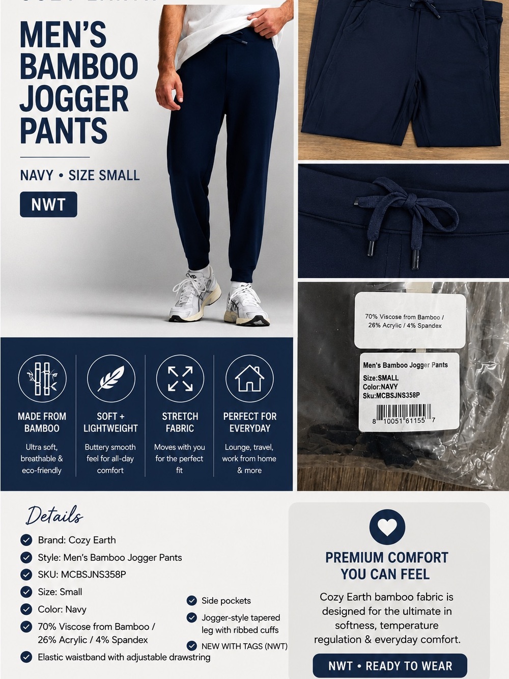NWT Cozy Earth Men’s Bamboo Jogger Pants – Navy – Size: Small